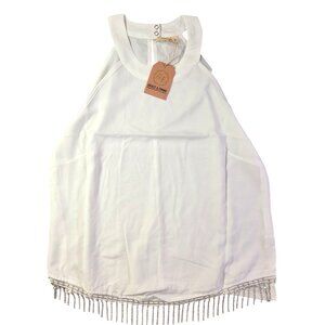 GRACE & EMMA White Halter Top Rhinestone Fringe Light Weight Womens Small New